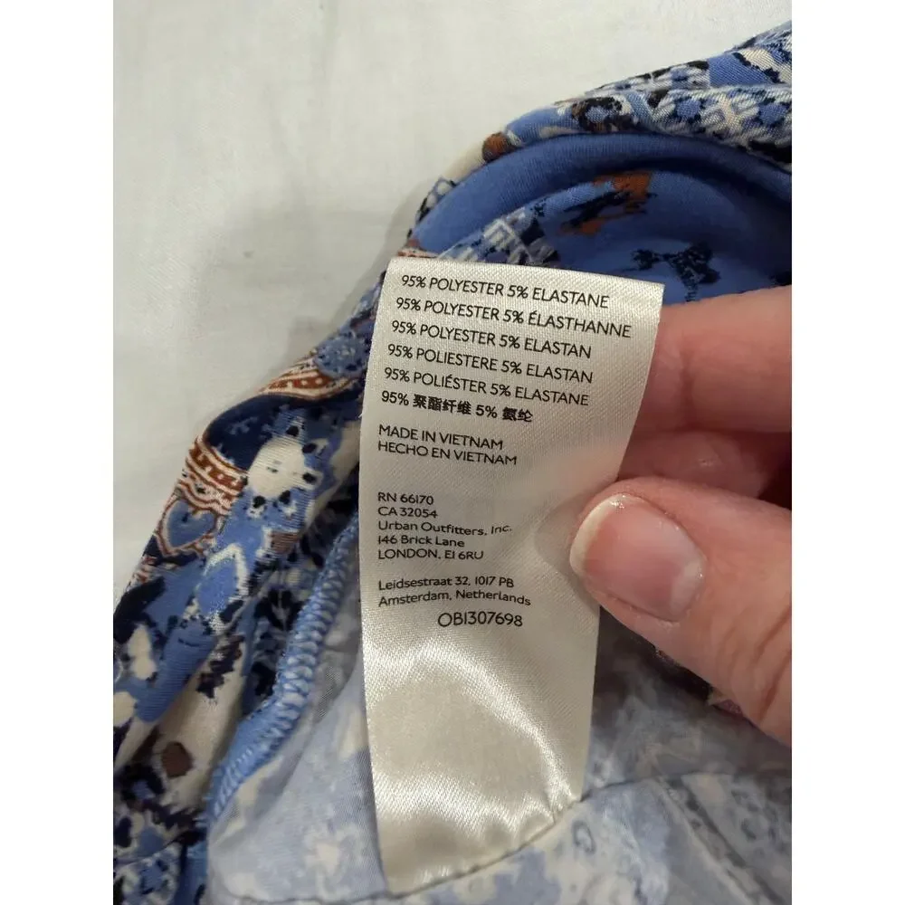 Free People Mini Skirt Womens Small Blue Geometric Print Ruched Detailed Pull On